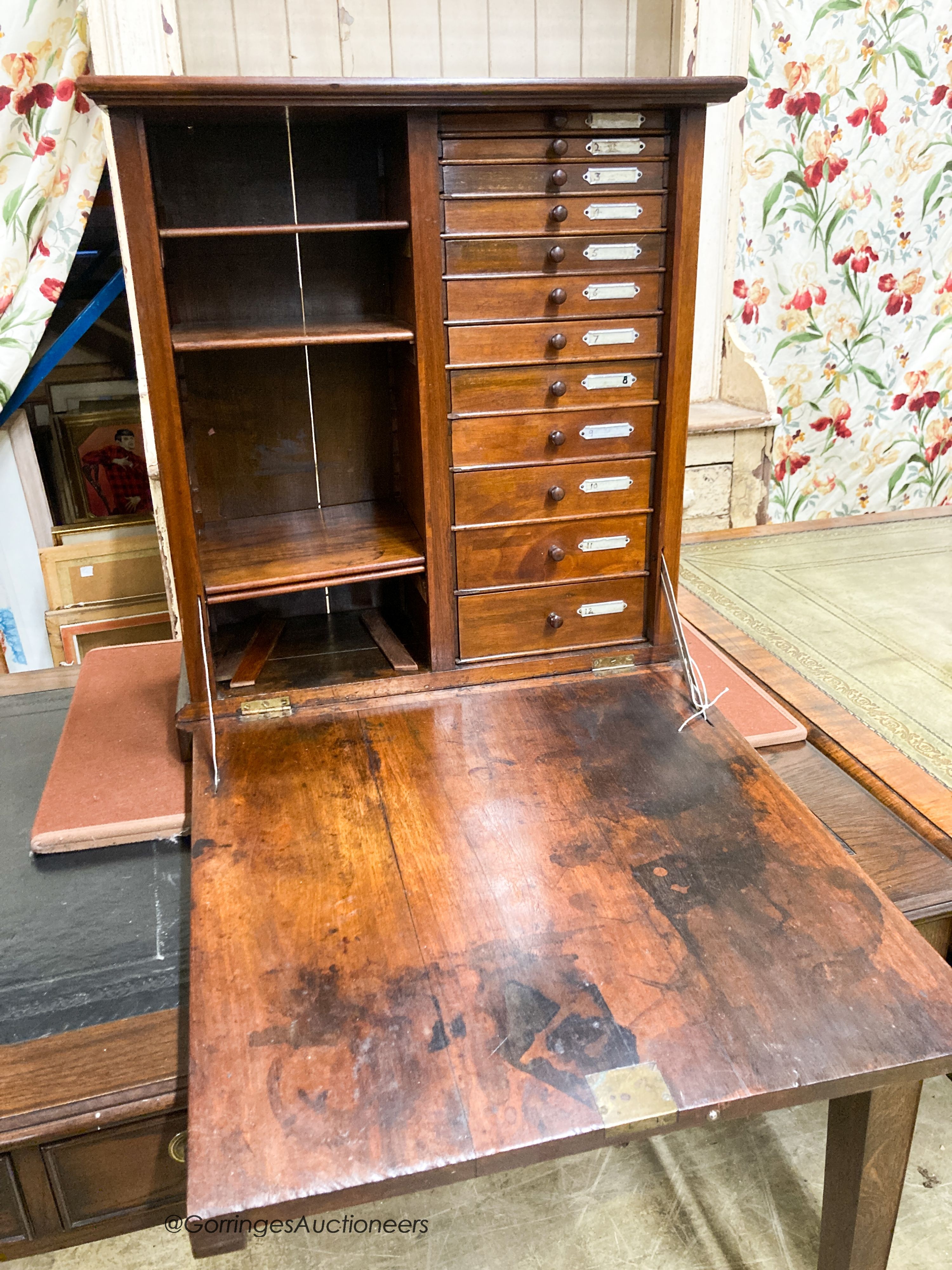 A late 19th century French oak and walnut fall front collector's cabinet, W.59cm D.29cm H.65cm